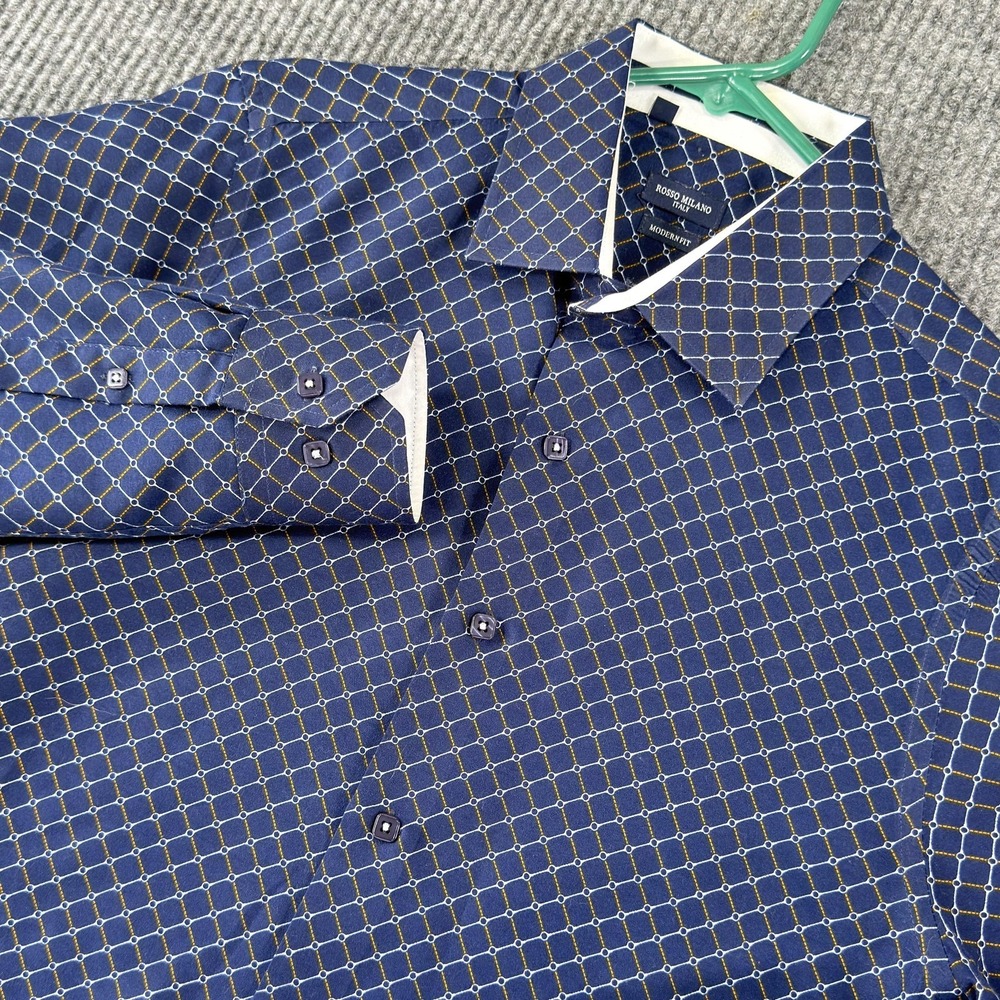 Rosso Milano Dress Shirt Mens Medium 15.5 Blue Geometric Button Down Long Sleeve